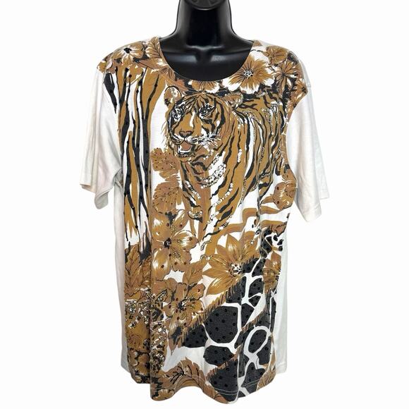 Lisa International Tops - VTG 80s 90s ANIMAL PRINT TIGER LEOPARD TOP T SHIRT BEADED SEQUIN BY LISA INTL M